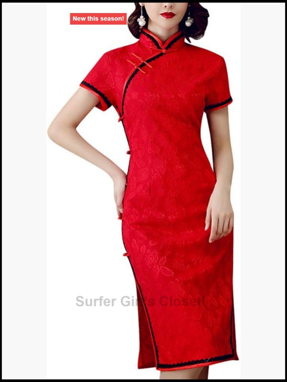 Chinese Cheongsam Floral Embroidered Short Sleeve Side Slit Qipao Dress